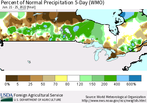 Canada Percent of Normal Precipitation 5-Day (WMO) Thematic Map For 6/21/2022 - 6/25/2022