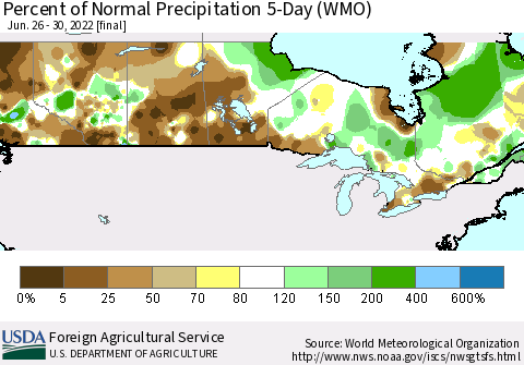 Canada Percent of Normal Precipitation 5-Day (WMO) Thematic Map For 6/26/2022 - 6/30/2022