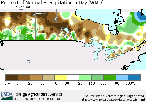 Canada Percent of Normal Precipitation 5-Day (WMO) Thematic Map For 7/1/2022 - 7/5/2022