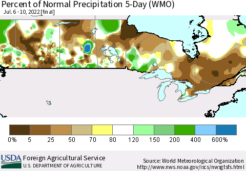 Canada Percent of Normal Precipitation 5-Day (WMO) Thematic Map For 7/6/2022 - 7/10/2022