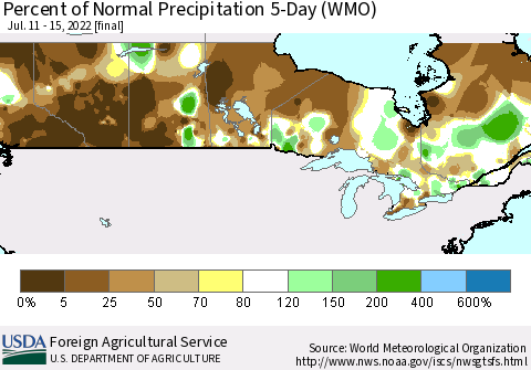 Canada Percent of Normal Precipitation 5-Day (WMO) Thematic Map For 7/11/2022 - 7/15/2022