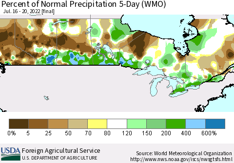 Canada Percent of Normal Precipitation 5-Day (WMO) Thematic Map For 7/16/2022 - 7/20/2022