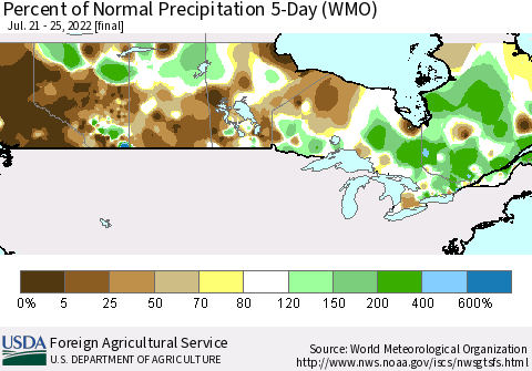 Canada Percent of Normal Precipitation 5-Day (WMO) Thematic Map For 7/21/2022 - 7/25/2022
