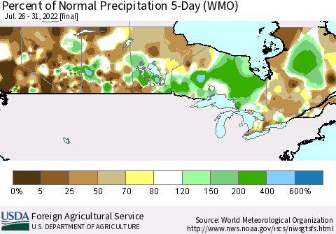 Canada Percent of Normal Precipitation 5-Day (WMO) Thematic Map For 7/26/2022 - 7/31/2022