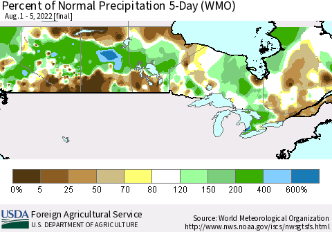 Canada Percent of Normal Precipitation 5-Day (WMO) Thematic Map For 8/1/2022 - 8/5/2022