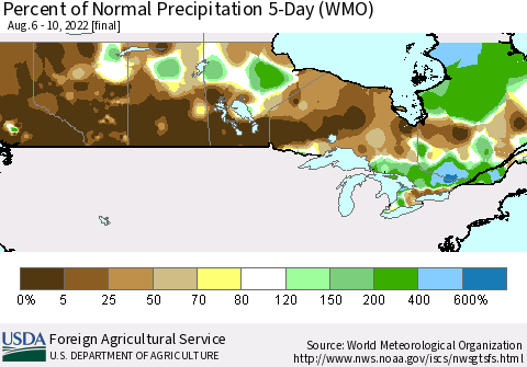 Canada Percent of Normal Precipitation 5-Day (WMO) Thematic Map For 8/6/2022 - 8/10/2022