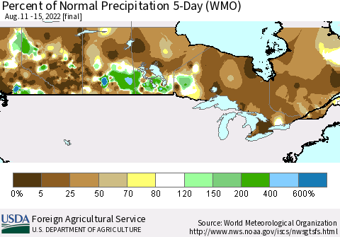 Canada Percent of Normal Precipitation 5-Day (WMO) Thematic Map For 8/11/2022 - 8/15/2022