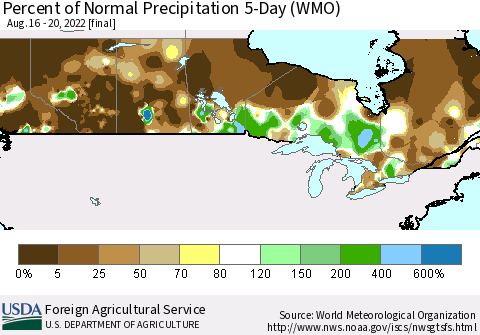 Canada Percent of Normal Precipitation 5-Day (WMO) Thematic Map For 8/16/2022 - 8/20/2022