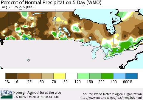 Canada Percent of Normal Precipitation 5-Day (WMO) Thematic Map For 8/21/2022 - 8/25/2022