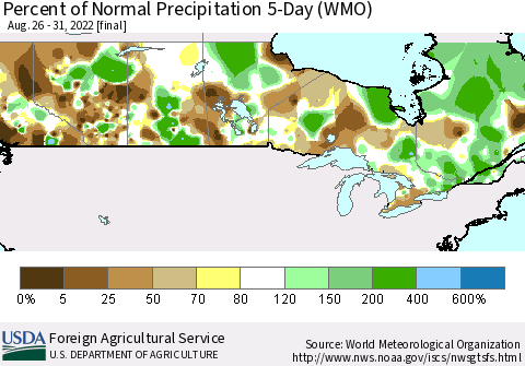 Canada Percent of Normal Precipitation 5-Day (WMO) Thematic Map For 8/26/2022 - 8/31/2022