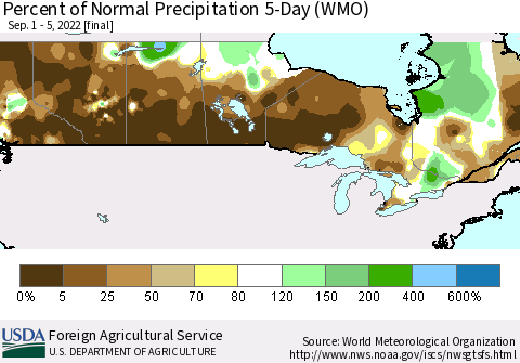 Canada Percent of Normal Precipitation 5-Day (WMO) Thematic Map For 9/1/2022 - 9/5/2022