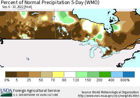 Canada Percent of Normal Precipitation 5-Day (WMO) Thematic Map For 9/6/2022 - 9/10/2022