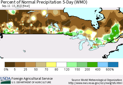 Canada Percent of Normal Precipitation 5-Day (WMO) Thematic Map For 9/11/2022 - 9/15/2022