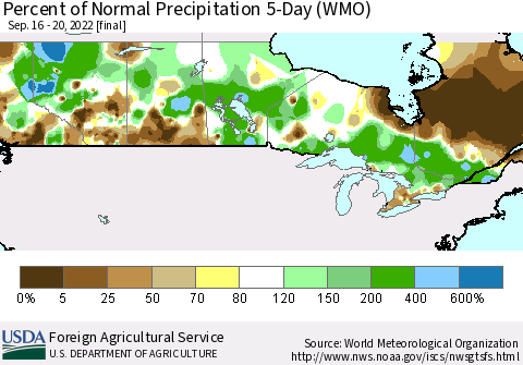 Canada Percent of Normal Precipitation 5-Day (WMO) Thematic Map For 9/16/2022 - 9/20/2022
