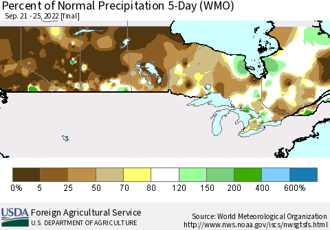 Canada Percent of Normal Precipitation 5-Day (WMO) Thematic Map For 9/21/2022 - 9/25/2022