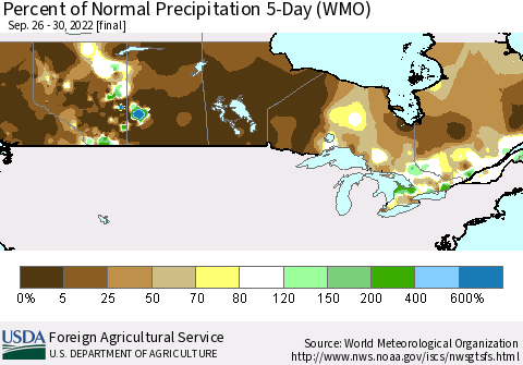 Canada Percent of Normal Precipitation 5-Day (WMO) Thematic Map For 9/26/2022 - 9/30/2022