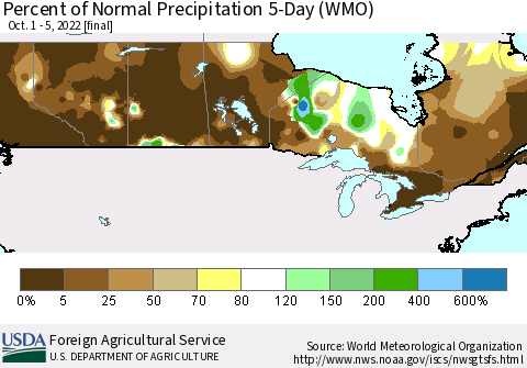 Canada Percent of Normal Precipitation 5-Day (WMO) Thematic Map For 10/1/2022 - 10/5/2022