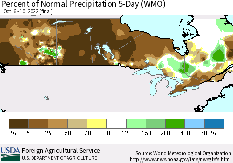 Canada Percent of Normal Precipitation 5-Day (WMO) Thematic Map For 10/6/2022 - 10/10/2022