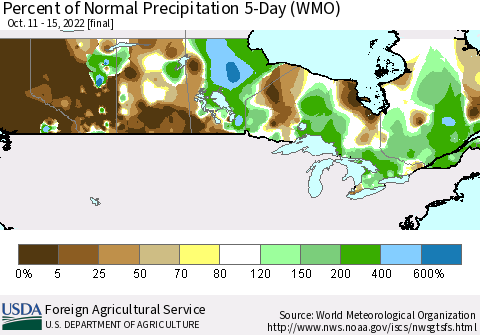 Canada Percent of Normal Precipitation 5-Day (WMO) Thematic Map For 10/11/2022 - 10/15/2022