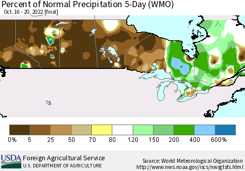 Canada Percent of Normal Precipitation 5-Day (WMO) Thematic Map For 10/16/2022 - 10/20/2022