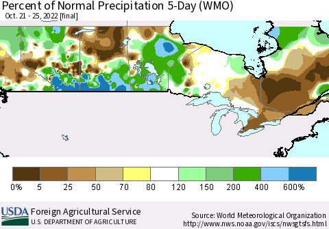 Canada Percent of Normal Precipitation 5-Day (WMO) Thematic Map For 10/21/2022 - 10/25/2022