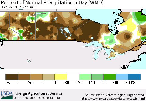 Canada Percent of Normal Precipitation 5-Day (WMO) Thematic Map For 10/26/2022 - 10/31/2022