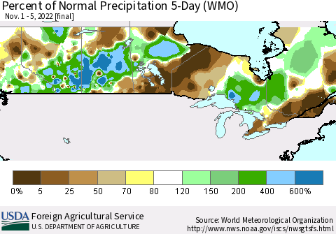 Canada Percent of Normal Precipitation 5-Day (WMO) Thematic Map For 11/1/2022 - 11/5/2022