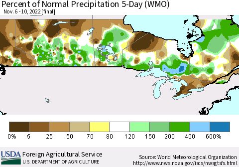 Canada Percent of Normal Precipitation 5-Day (WMO) Thematic Map For 11/6/2022 - 11/10/2022