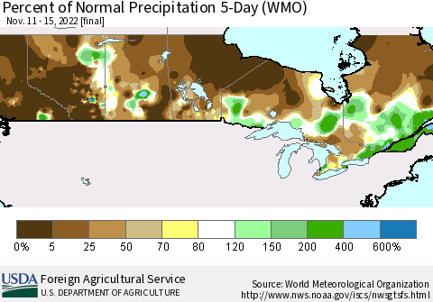 Canada Percent of Normal Precipitation 5-Day (WMO) Thematic Map For 11/11/2022 - 11/15/2022