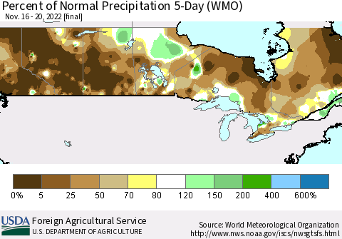 Canada Percent of Normal Precipitation 5-Day (WMO) Thematic Map For 11/16/2022 - 11/20/2022