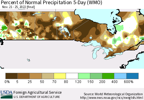 Canada Percent of Normal Precipitation 5-Day (WMO) Thematic Map For 11/21/2022 - 11/25/2022
