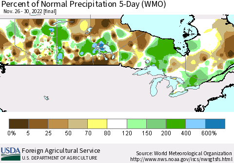 Canada Percent of Normal Precipitation 5-Day (WMO) Thematic Map For 11/26/2022 - 11/30/2022