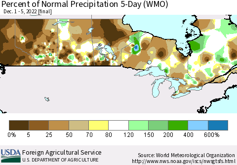 Canada Percent of Normal Precipitation 5-Day (WMO) Thematic Map For 12/1/2022 - 12/5/2022