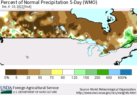 Canada Percent of Normal Precipitation 5-Day (WMO) Thematic Map For 12/6/2022 - 12/10/2022