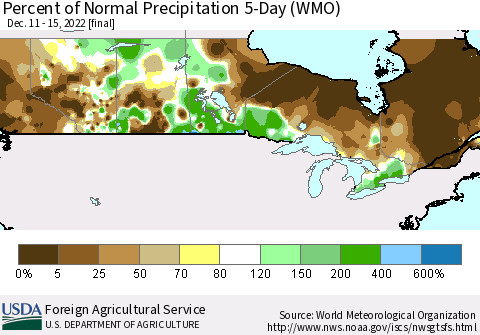 Canada Percent of Normal Precipitation 5-Day (WMO) Thematic Map For 12/11/2022 - 12/15/2022