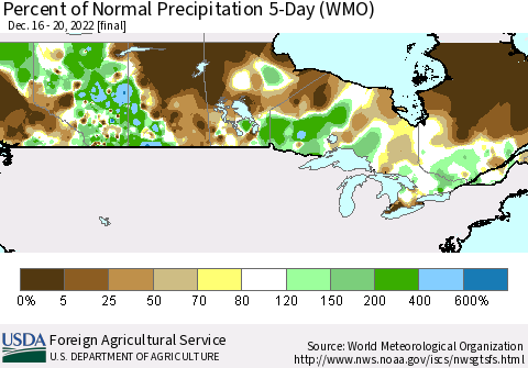 Canada Percent of Normal Precipitation 5-Day (WMO) Thematic Map For 12/16/2022 - 12/20/2022