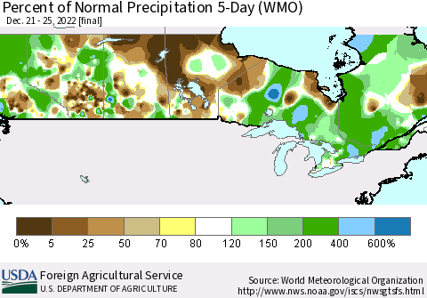 Canada Percent of Normal Precipitation 5-Day (WMO) Thematic Map For 12/21/2022 - 12/25/2022