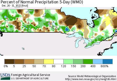 Canada Percent of Normal Precipitation 5-Day (WMO) Thematic Map For 12/26/2022 - 12/31/2022