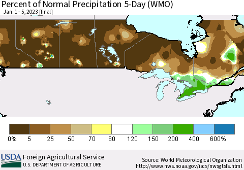 Canada Percent of Normal Precipitation 5-Day (WMO) Thematic Map For 1/1/2023 - 1/5/2023
