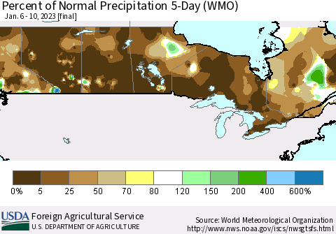 Canada Percent of Normal Precipitation 5-Day (WMO) Thematic Map For 1/6/2023 - 1/10/2023