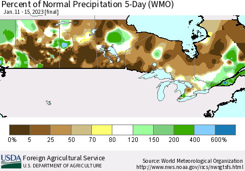 Canada Percent of Normal Precipitation 5-Day (WMO) Thematic Map For 1/11/2023 - 1/15/2023