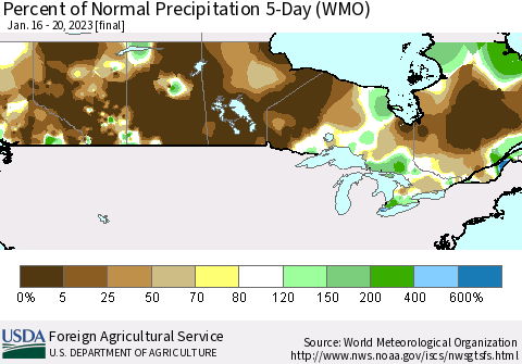 Canada Percent of Normal Precipitation 5-Day (WMO) Thematic Map For 1/16/2023 - 1/20/2023