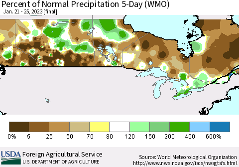 Canada Percent of Normal Precipitation 5-Day (WMO) Thematic Map For 1/21/2023 - 1/25/2023