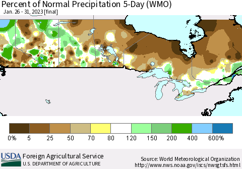 Canada Percent of Normal Precipitation 5-Day (WMO) Thematic Map For 1/26/2023 - 1/31/2023