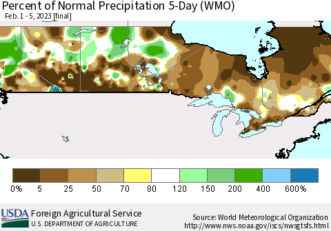 Canada Percent of Normal Precipitation 5-Day (WMO) Thematic Map For 2/1/2023 - 2/5/2023
