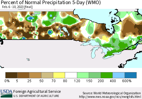 Canada Percent of Normal Precipitation 5-Day (WMO) Thematic Map For 2/6/2023 - 2/10/2023