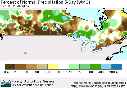 Canada Percent of Normal Precipitation 5-Day (WMO) Thematic Map For 2/11/2023 - 2/15/2023