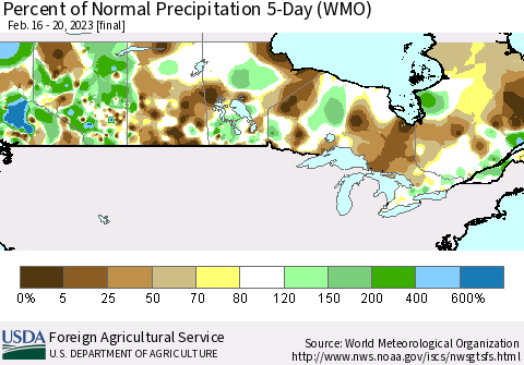 Canada Percent of Normal Precipitation 5-Day (WMO) Thematic Map For 2/16/2023 - 2/20/2023