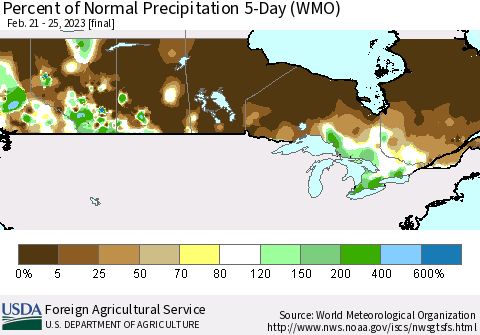 Canada Percent of Normal Precipitation 5-Day (WMO) Thematic Map For 2/21/2023 - 2/25/2023