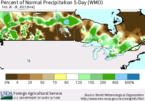 Canada Percent of Normal Precipitation 5-Day (WMO) Thematic Map For 2/26/2023 - 2/28/2023